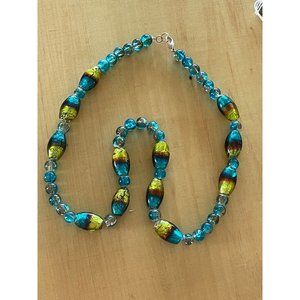 Murano Oval Exposed Gold And Aqua Venetian Beaded Necklace